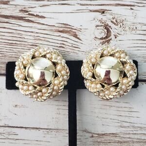 Vintage S.A.C. Clip On Earrings - Gold Tone & Faux Pearl Large Statement 1"
